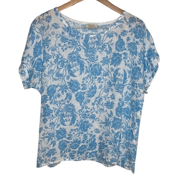 Bellaumbra Blue White Floral Linen Short Sleeve Blouse Women Size M - Picture 5 of 5
